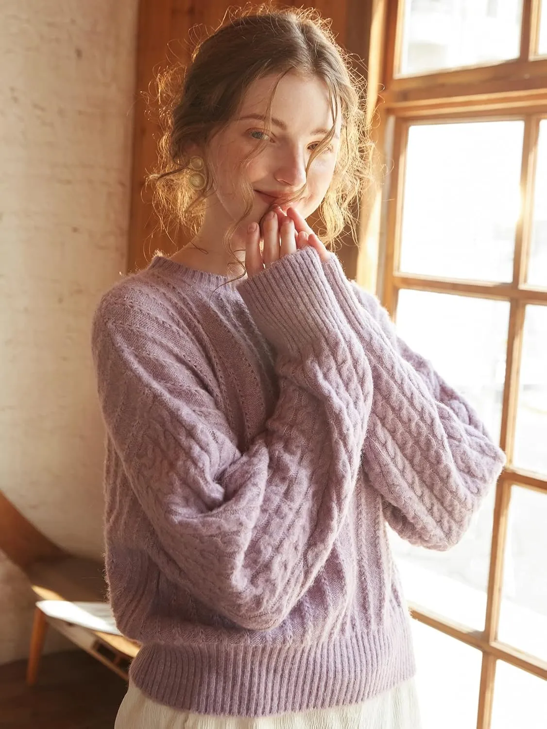 Women's Sweater Drop Shoulder Cable Knit Sweater Sweater for Women (Color : Purple, Size : Small)