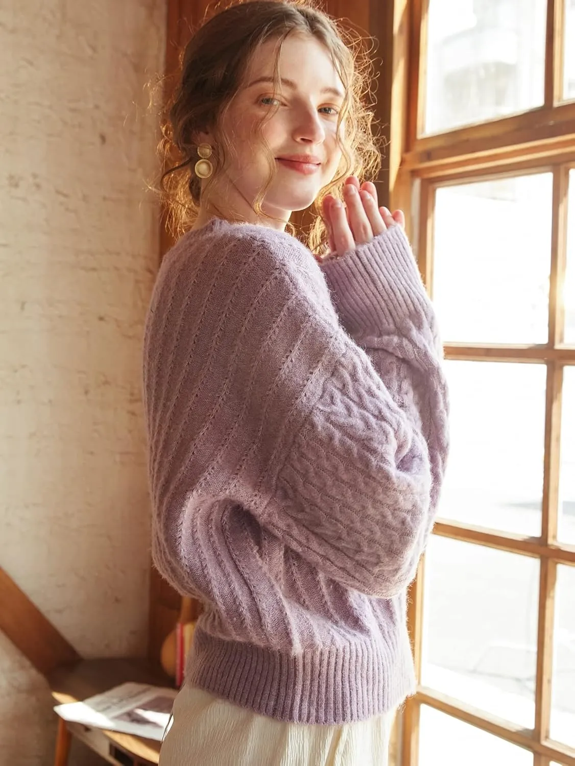 Women's Sweater Drop Shoulder Cable Knit Sweater Sweater for Women (Color : Purple, Size : Small)