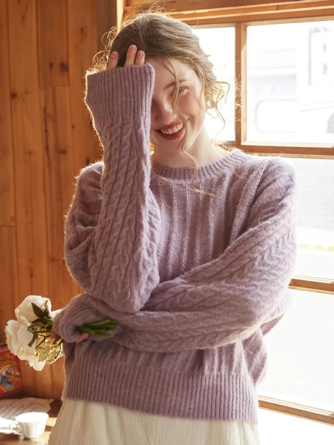 Women's Sweater Drop Shoulder Cable Knit Sweater Sweater for Women (Color : Purple, Size : Small)
