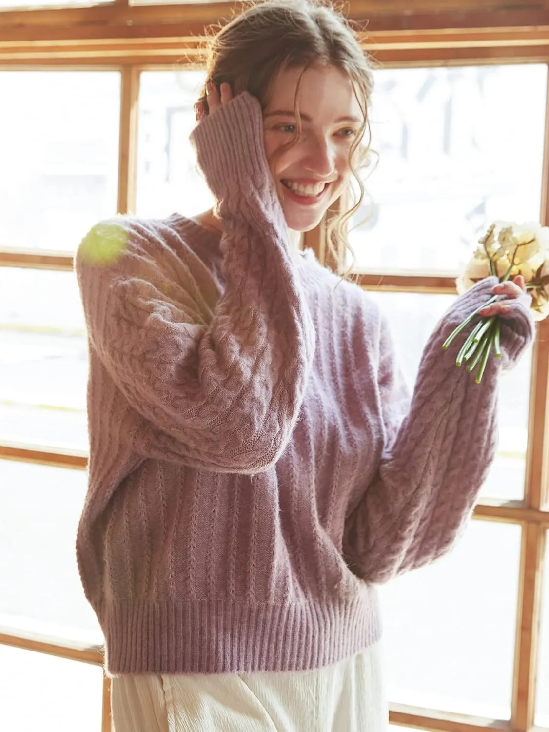 Women's Sweater Drop Shoulder Cable Knit Sweater Sweater for Women (Color : Purple, Size : Small)