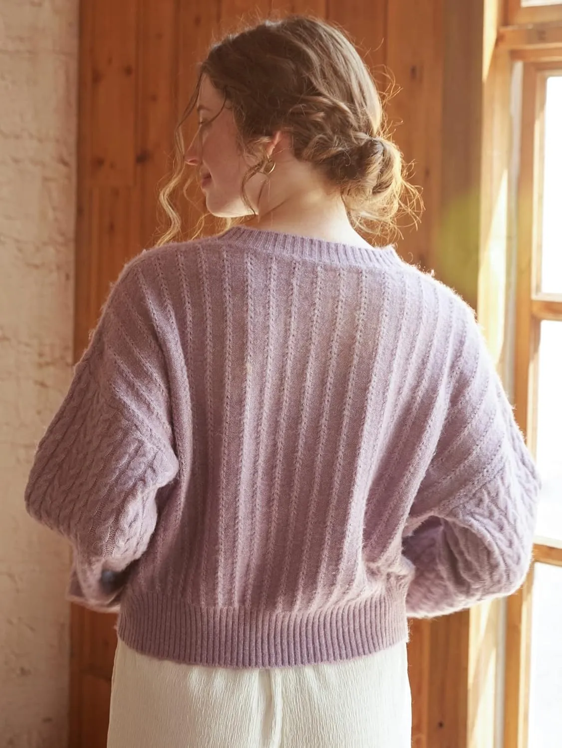 Women's Sweater Drop Shoulder Cable Knit Sweater Sweater for Women (Color : Purple, Size : Small)