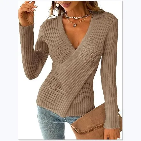 Women's Sweater Pullover Long Sleeve V Neck Slim Fit Chunky Knit Sweater Tops 2024 Spring Top Blouse for Women