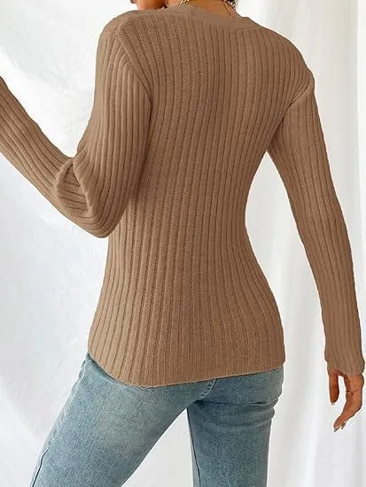 Women's Sweater Pullover Long Sleeve V Neck Slim Fit Chunky Knit Sweater Tops 2024 Spring Top Blouse for Women
