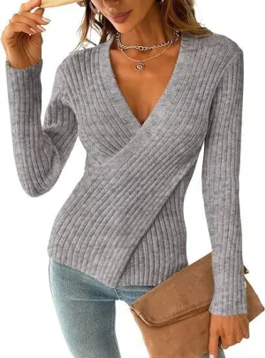Women's Sweater Pullover Long Sleeve V Neck Slim Fit Chunky Knit Sweater Tops 2024 Spring Top Blouse for Women
