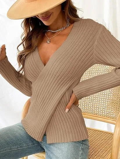 Women's Sweater Pullover Long Sleeve V Neck Slim Fit Chunky Knit Sweater Tops 2024 Spring Top Blouse for Women