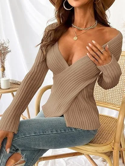 Women's Sweater Pullover Long Sleeve V Neck Slim Fit Chunky Knit Sweater Tops 2024 Spring Top Blouse for Women