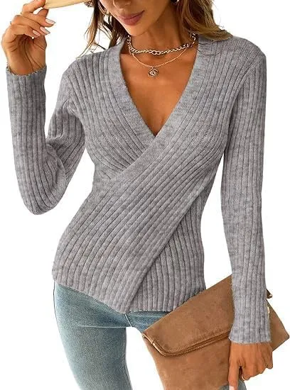 Women's Sweater Pullover Long Sleeve V Neck Slim Fit Chunky Knit Sweater Tops 2024 Spring Top Blouse for Women