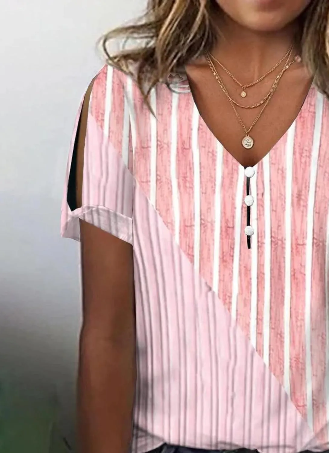 Womens T-Shirts Summer V-Neck Short Sleeve Tops Striped Button Front Beach Vacation Trendy Casual Tee Shirts