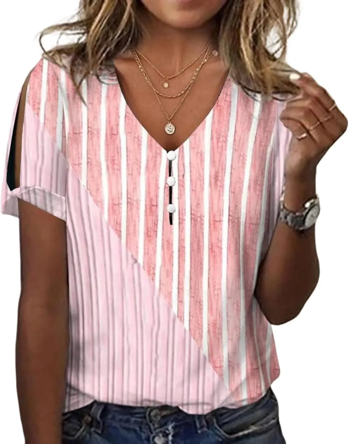 Womens T-Shirts Summer V-Neck Short Sleeve Tops Striped Button Front Beach Vacation Trendy Casual Tee Shirts