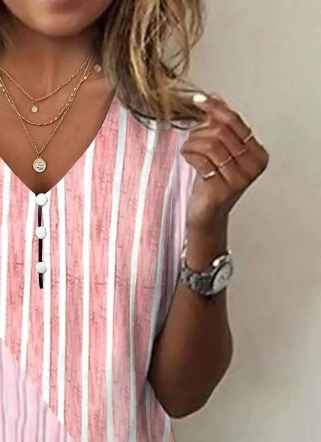 Womens T-Shirts Summer V-Neck Short Sleeve Tops Striped Button Front Beach Vacation Trendy Casual Tee Shirts