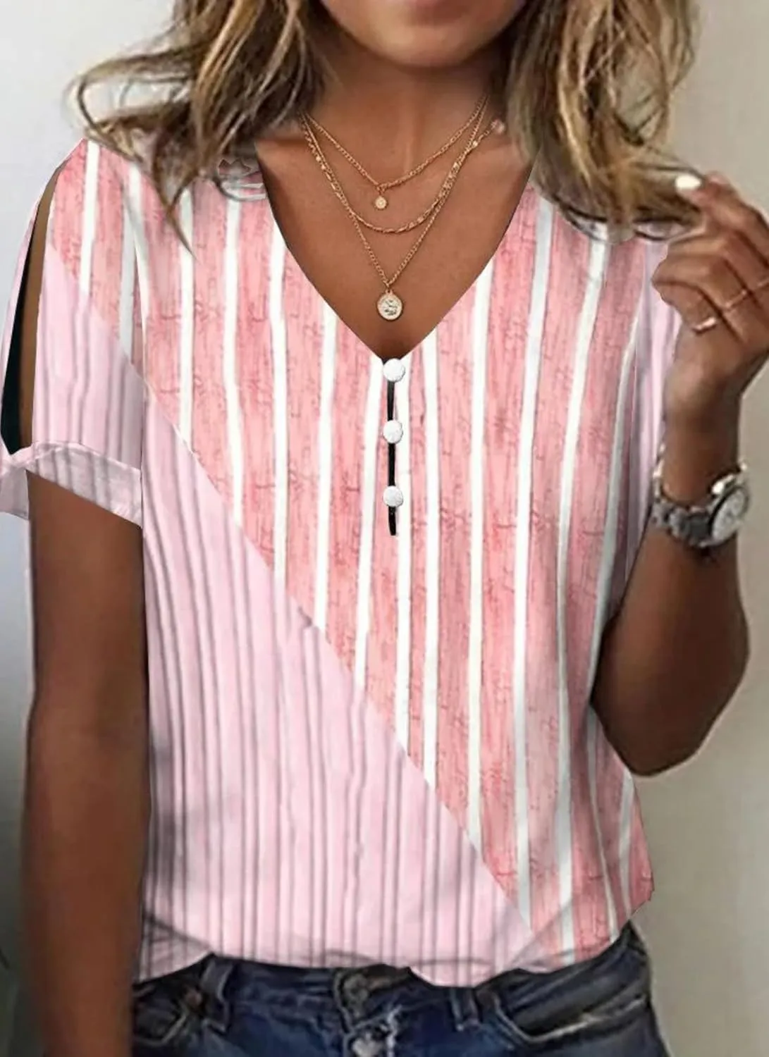 Womens T-Shirts Summer V-Neck Short Sleeve Tops Striped Button Front Beach Vacation Trendy Casual Tee Shirts