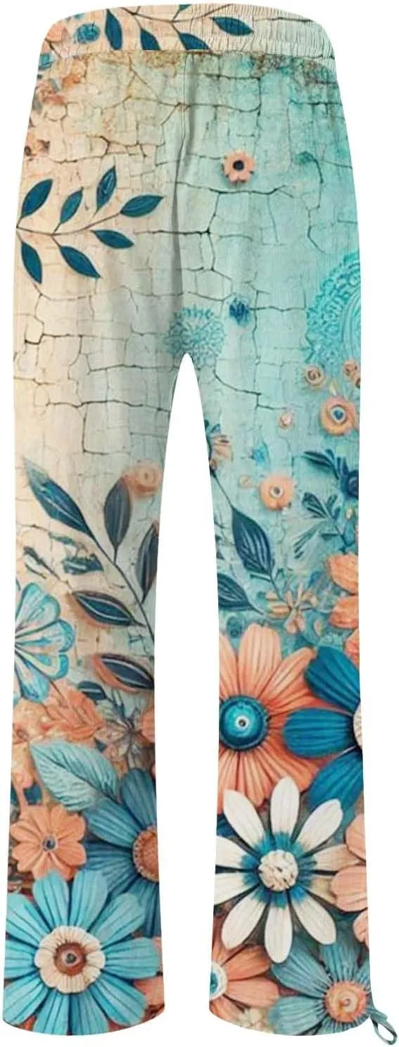 Womens Tie Dye Palazzo Pants Stylish Summer Vacation Beach Boho Flowy Casual Trouser Wide-Leg Stretchy Waistband Pant