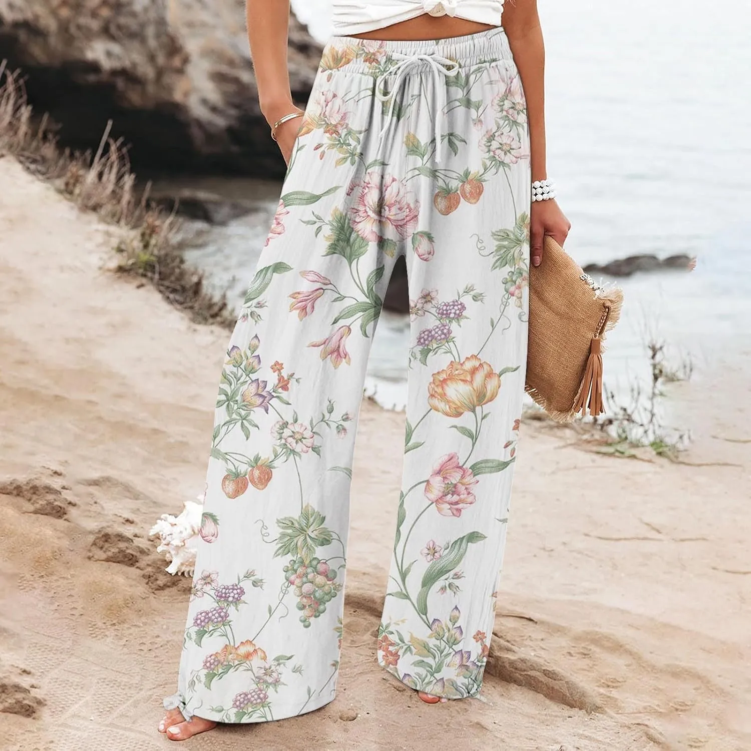 Womens Tie Dye Palazzo Pants Stylish Summer Vacation Beach Boho Flowy Casual Trouser Wide-Leg Stretchy Waistband Pant