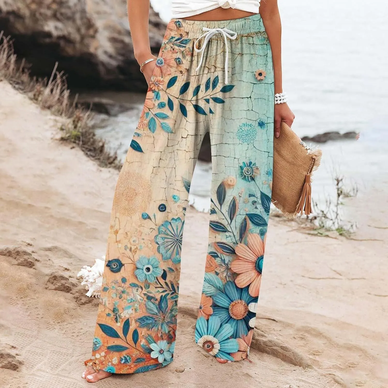 Womens Tie Dye Palazzo Pants Stylish Summer Vacation Beach Boho Flowy Casual Trouser Wide-Leg Stretchy Waistband Pant