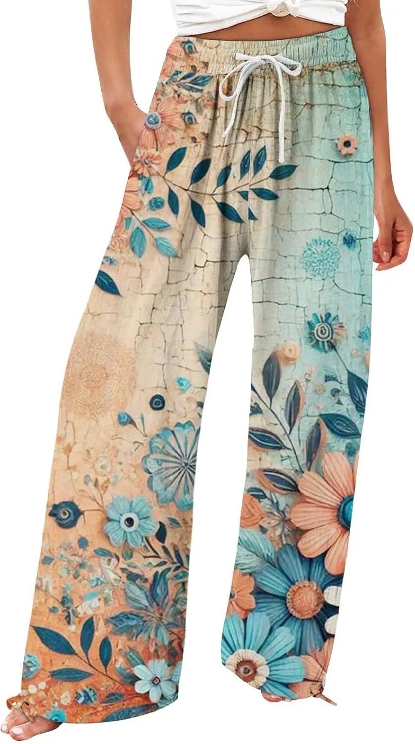 Womens Tie Dye Palazzo Pants Stylish Summer Vacation Beach Boho Flowy Casual Trouser Wide-Leg Stretchy Waistband Pant