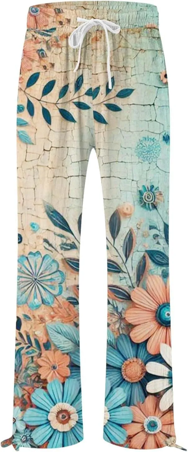 Womens Tie Dye Palazzo Pants Stylish Summer Vacation Beach Boho Flowy Casual Trouser Wide-Leg Stretchy Waistband Pant
