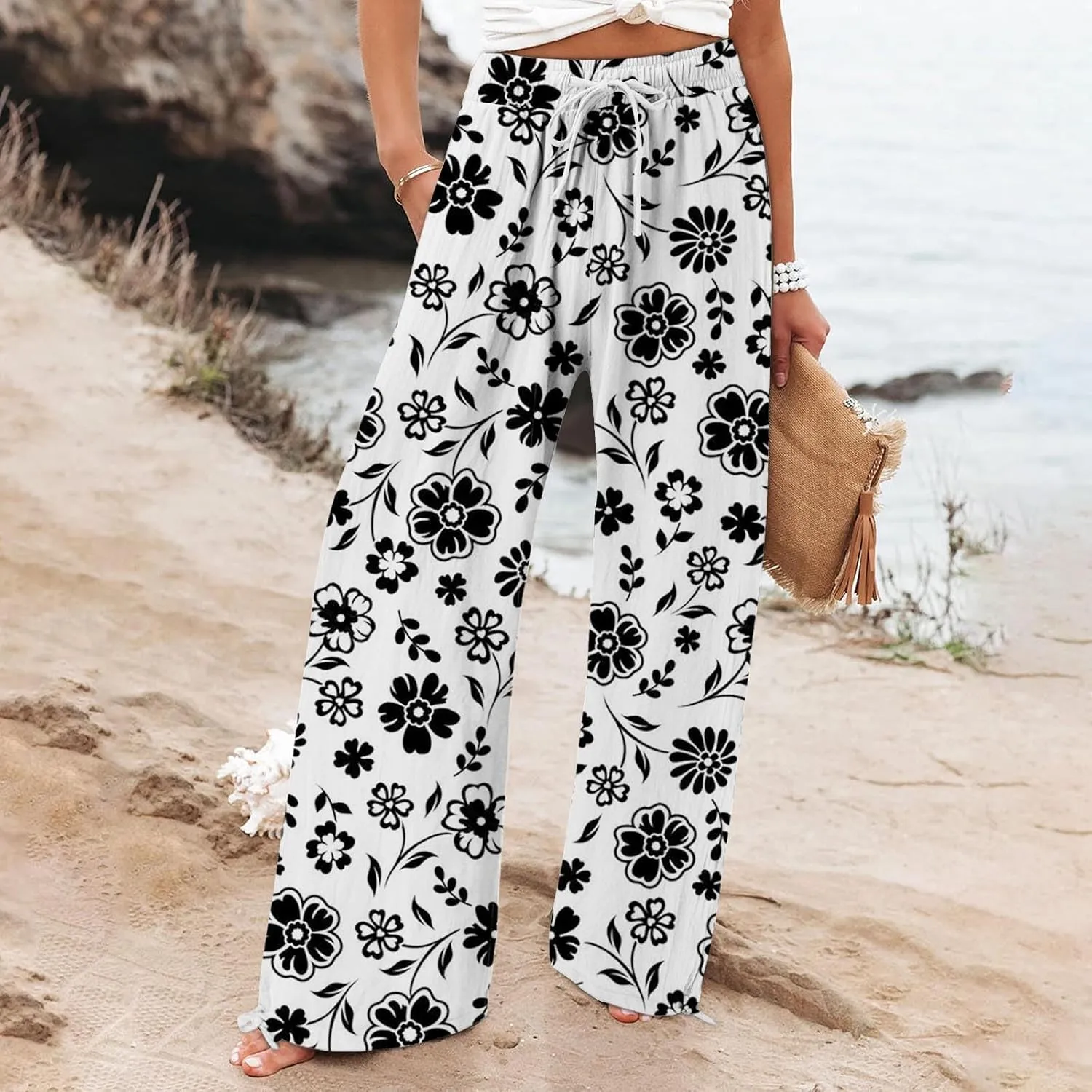 Womens Tie Dye Palazzo Pants Stylish Summer Vacation Beach Boho Flowy Casual Trouser Wide-Leg Stretchy Waistband Pant