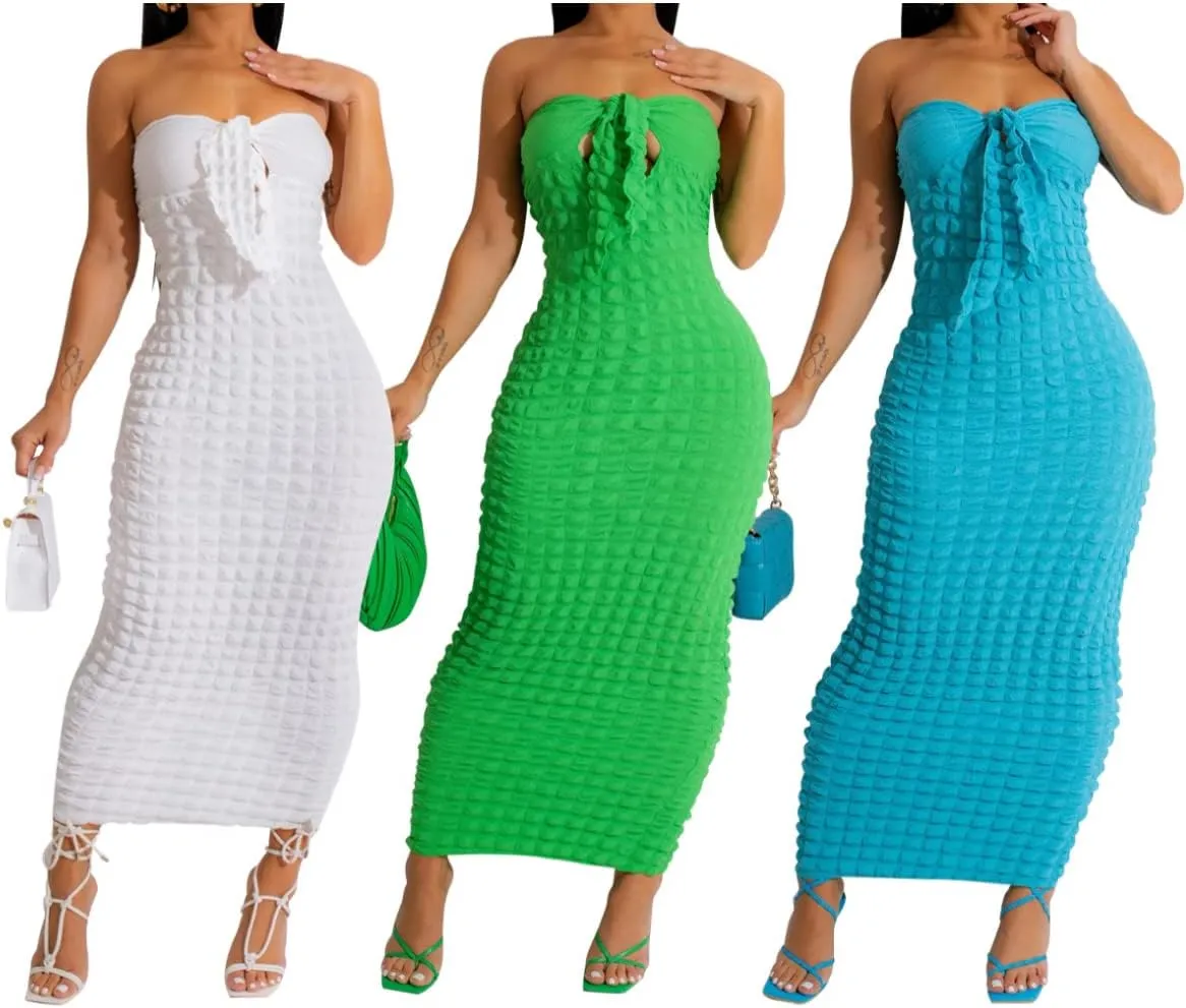 Women's Tie Knot Front Off Shoulder Bodycon Midi Dress Backless Sheath V Neck Bodycon Summer Night Party Dresses