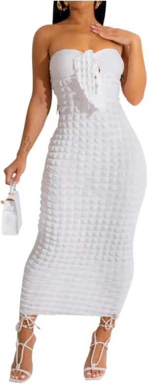 Women's Tie Knot Front Off Shoulder Bodycon Midi Dress Backless Sheath V Neck Bodycon Summer Night Party Dresses