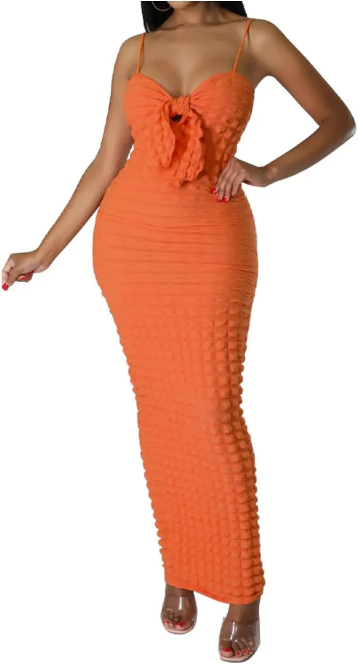 Women's Tie Knot Front Off Shoulder Bodycon Midi Dress Backless Sheath V Neck Bodycon Summer Night Party Dresses