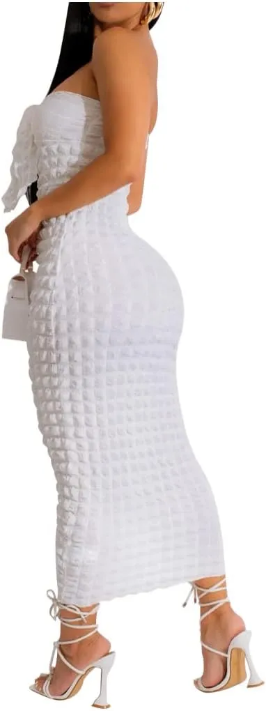 Women's Tie Knot Front Off Shoulder Bodycon Midi Dress Backless Sheath V Neck Bodycon Summer Night Party Dresses