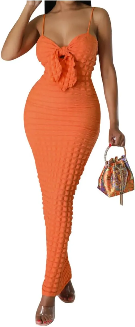 Women's Tie Knot Front Off Shoulder Bodycon Midi Dress Backless Sheath V Neck Bodycon Summer Night Party Dresses