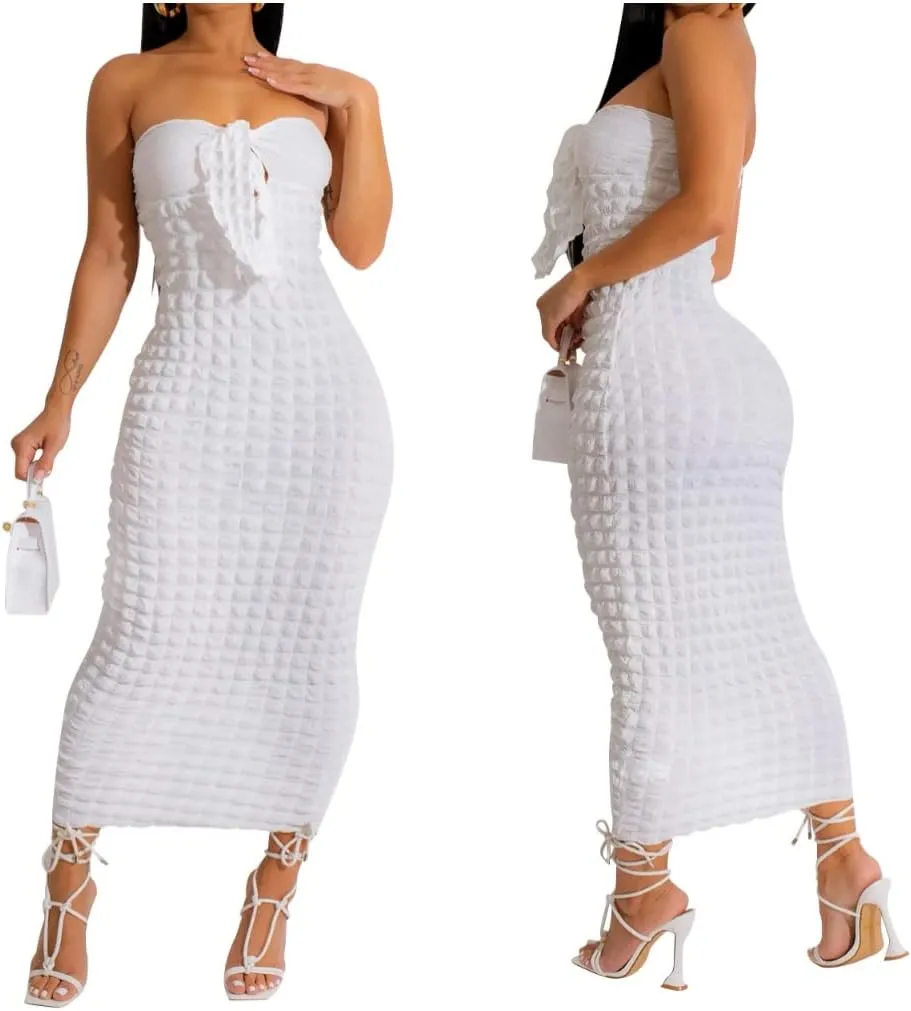 Women's Tie Knot Front Off Shoulder Bodycon Midi Dress Backless Sheath V Neck Bodycon Summer Night Party Dresses