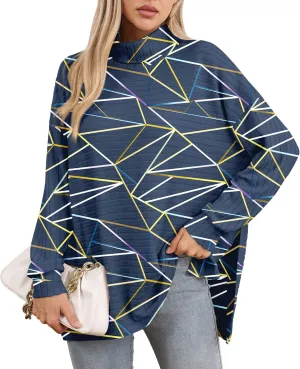 Womens Turtleneck Oversized Sweaters Long Batwing Sleeve Side Slit Pullover Sweater Ribbed Knit Tops