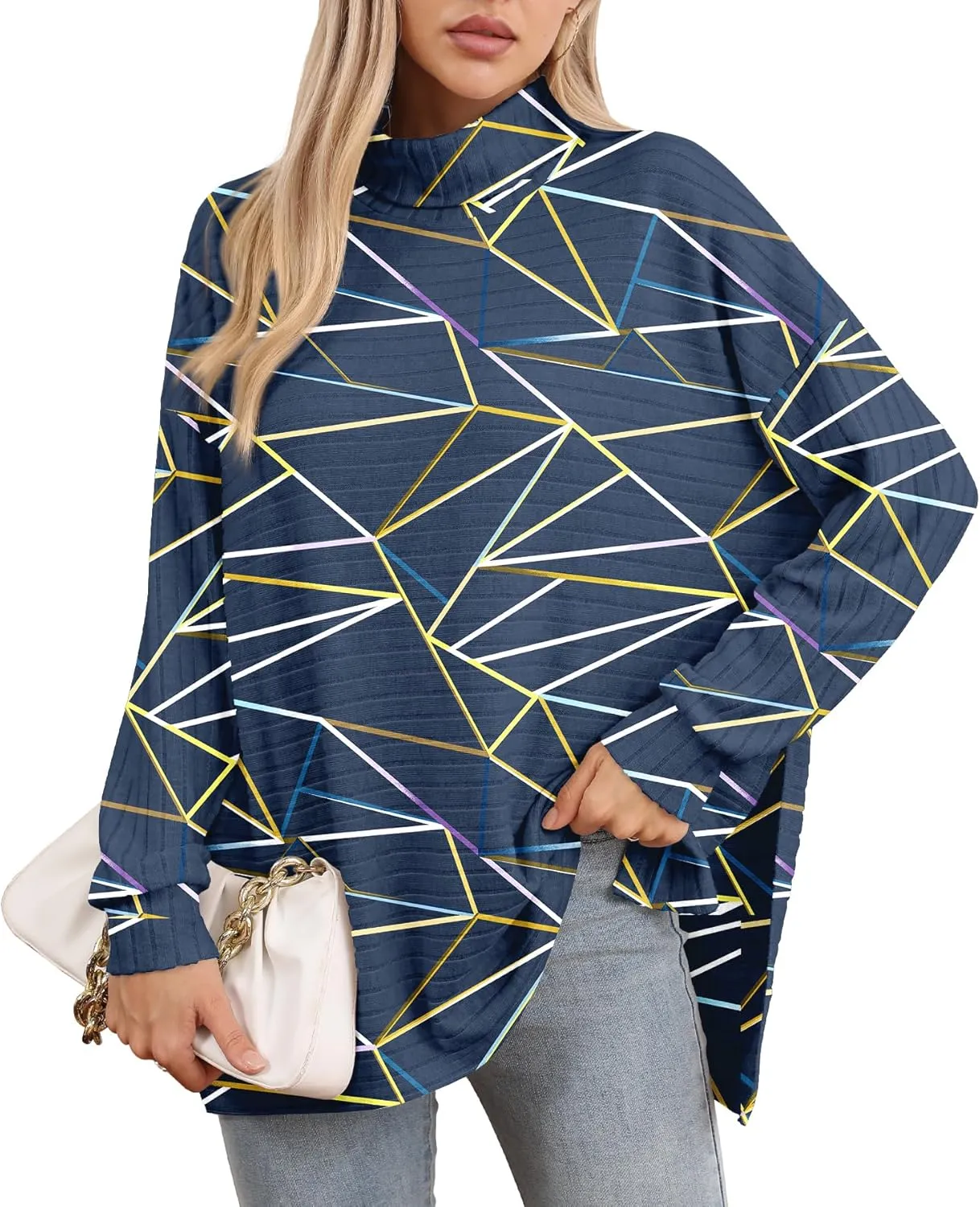 Womens Turtleneck Oversized Sweaters Long Batwing Sleeve Side Slit Pullover Sweater Ribbed Knit Tops