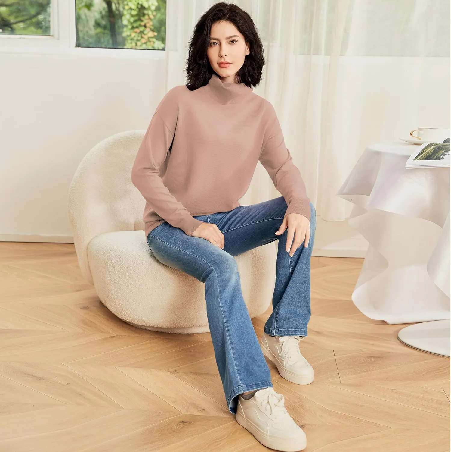 Women's Turtleneck Sweater Long Sleeve Lightweight Pullover Knit Tops