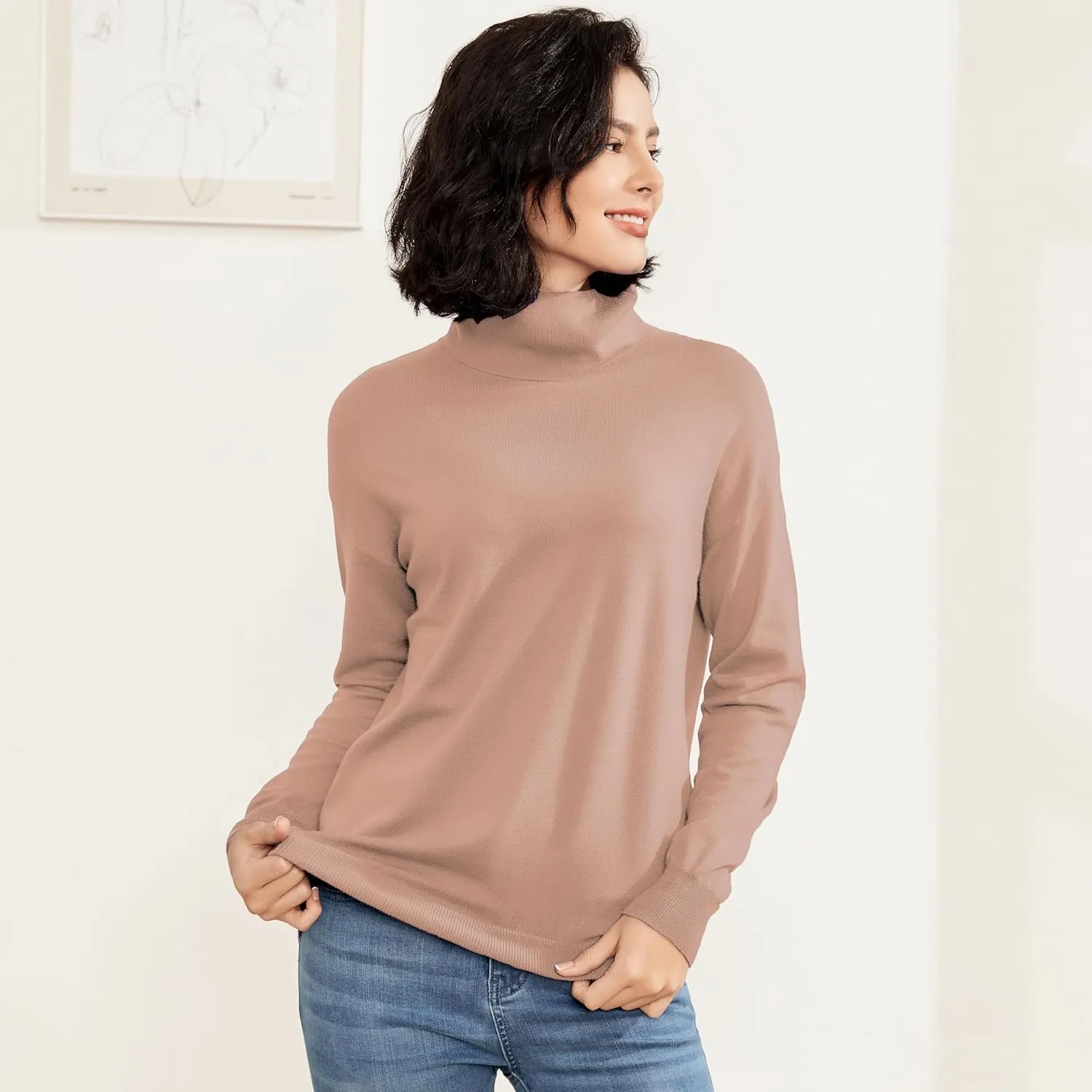 Women's Turtleneck Sweater Long Sleeve Lightweight Pullover Knit Tops