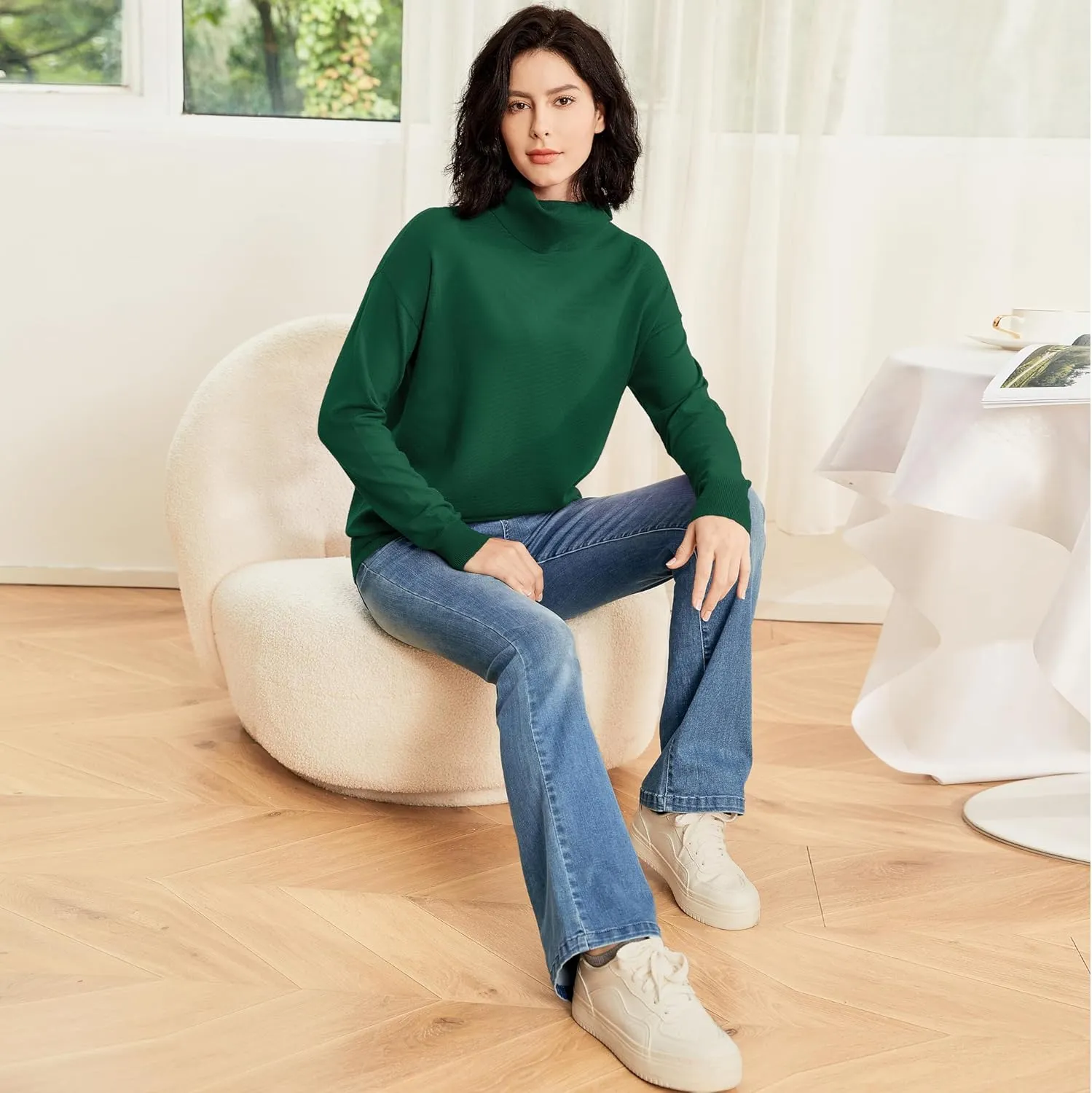 Women's Turtleneck Sweater Long Sleeve Lightweight Pullover Knit Tops