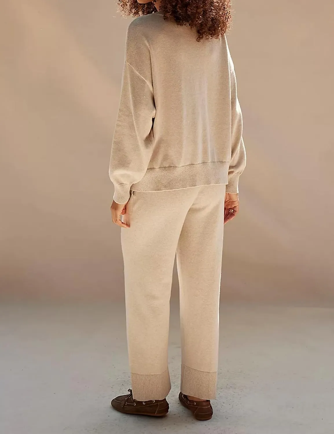 Women's Two Piece Outfits Long Sleeve Tie Front Top Straight Leg Pants Knit Sweater Lounge Sets