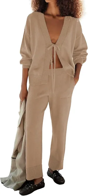 Women's Two Piece Outfits Long Sleeve Tie Front Top Straight Leg Pants Knit Sweater Lounge Sets
