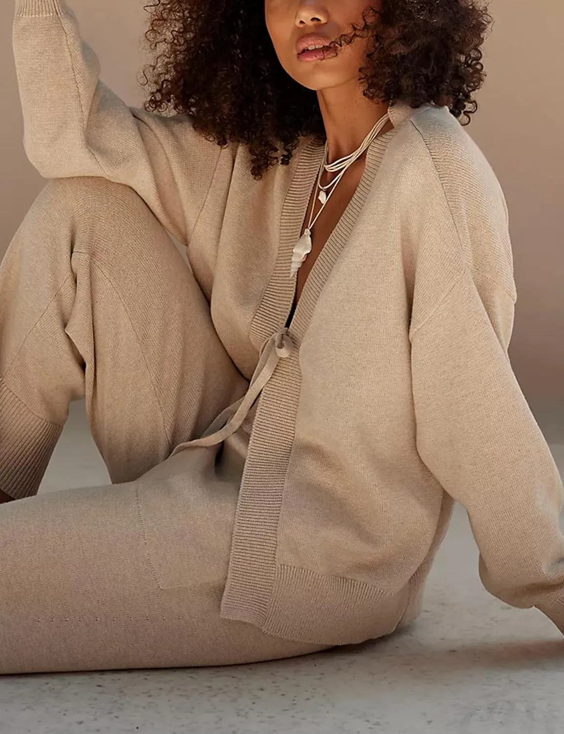 Women's Two Piece Outfits Long Sleeve Tie Front Top Straight Leg Pants Knit Sweater Lounge Sets