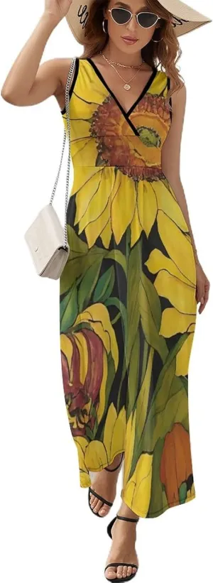 Women's V-Neck Sleeveless Flared Midi Dress for Vacation Party Wedding