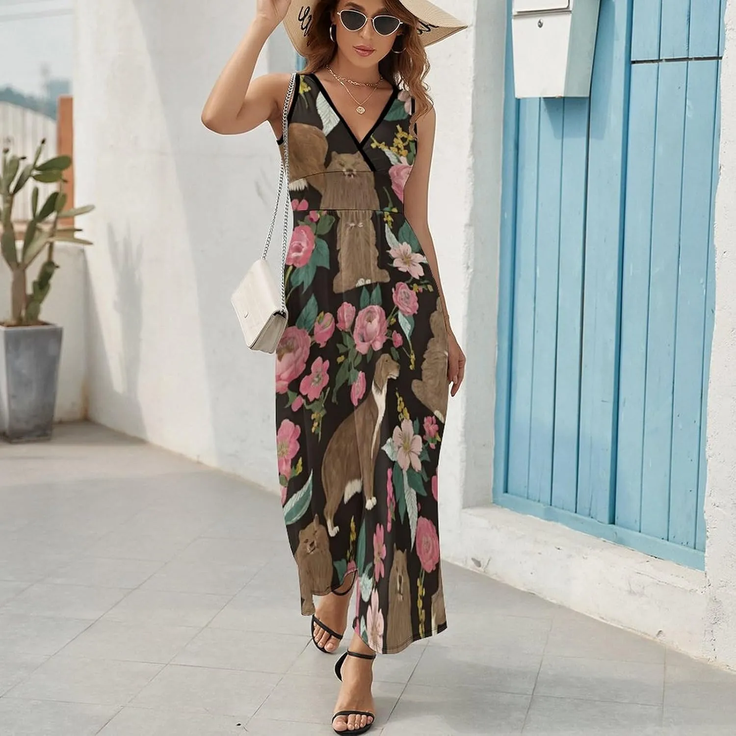 Women's V-Neck Sleeveless Flared Midi Dress for Vacation Party Wedding