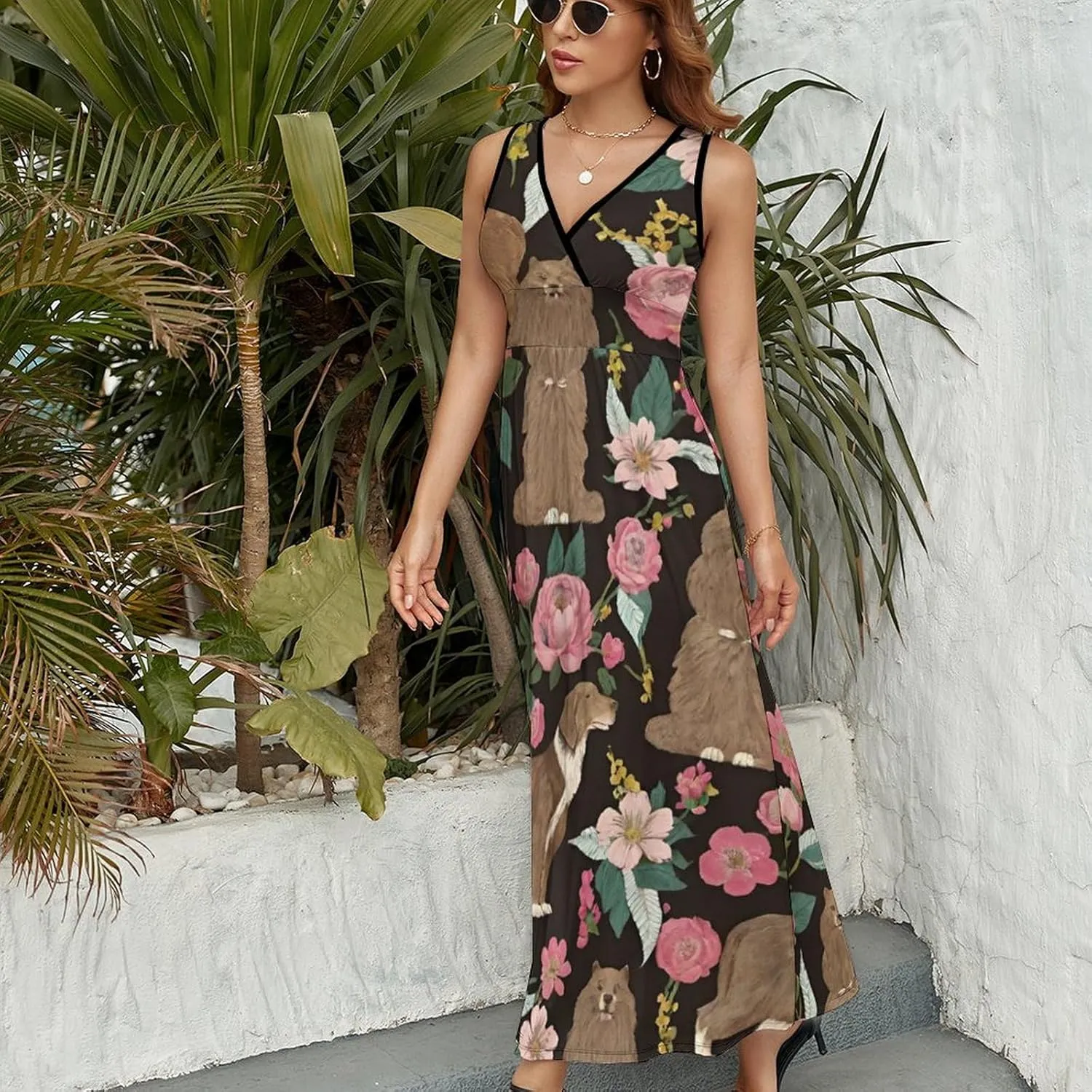 Women's V-Neck Sleeveless Flared Midi Dress for Vacation Party Wedding