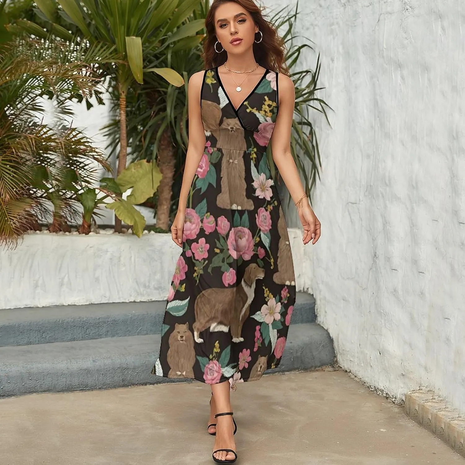 Women's V-Neck Sleeveless Flared Midi Dress for Vacation Party Wedding