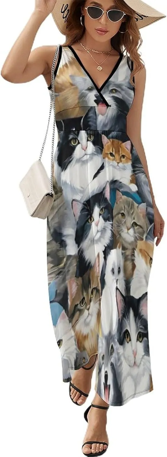 Women's V-Neck Sleeveless Midi Tank Dress for Party Holiday Beach