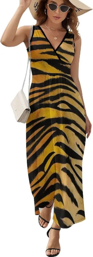 Women's V-Neck Sleeveless Midi Tank Dress for Party Holiday Beach