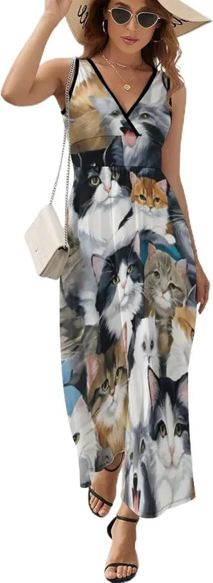 Women's V-Neck Sleeveless Midi Tank Dress for Party Holiday Beach