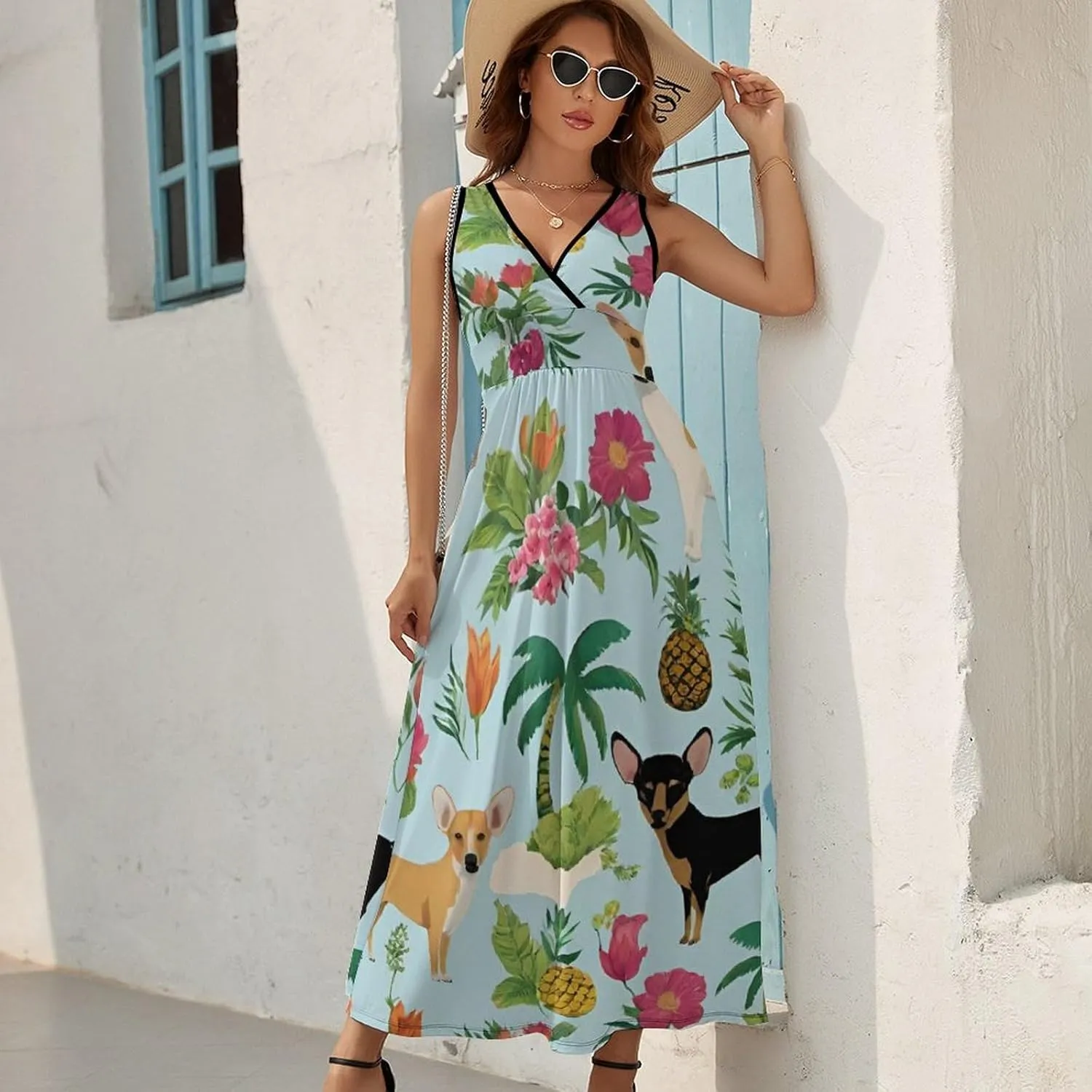 Women's V-Neck Sleeveless Midi Tank Dress for Vacation Party Wedding