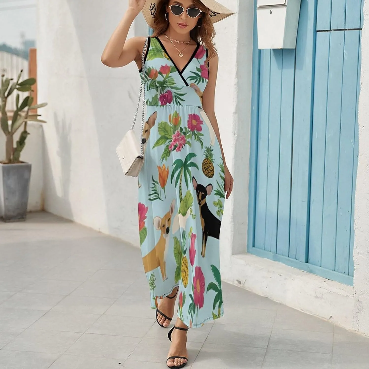 Women's V-Neck Sleeveless Midi Tank Dress for Vacation Party Wedding
