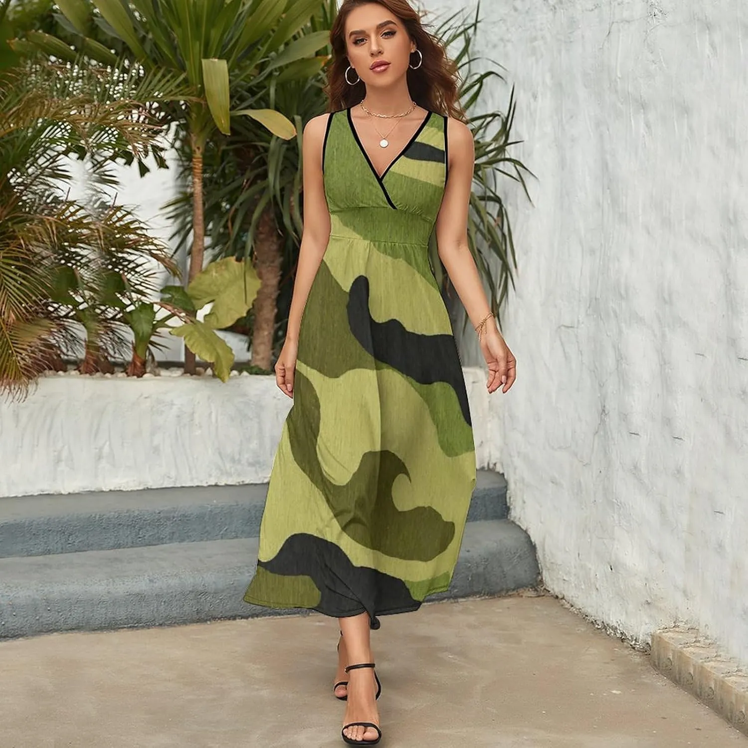 Women's V-Neck Sleeveless Midi Tank Dress for Vacation Party Wedding