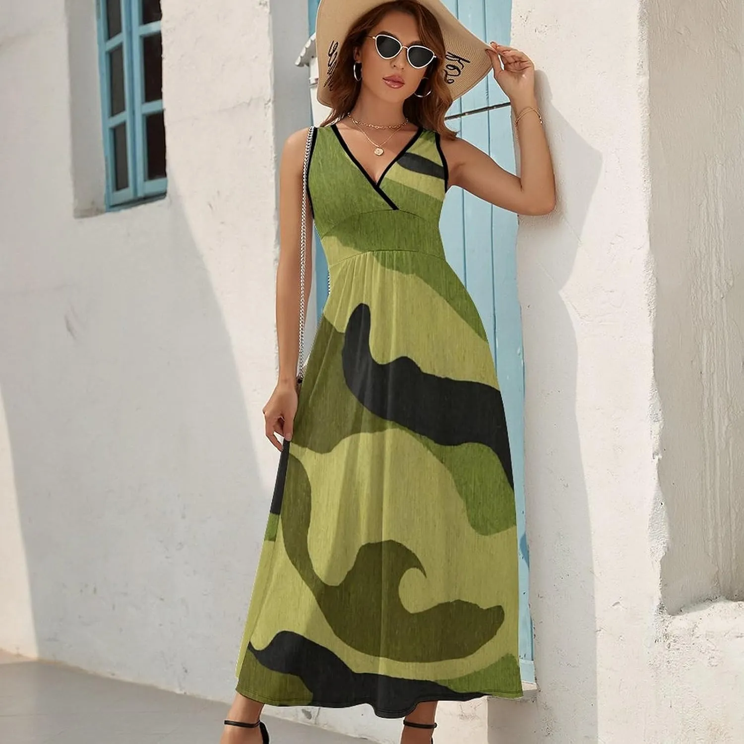 Women's V-Neck Sleeveless Midi Tank Dress for Vacation Party Wedding