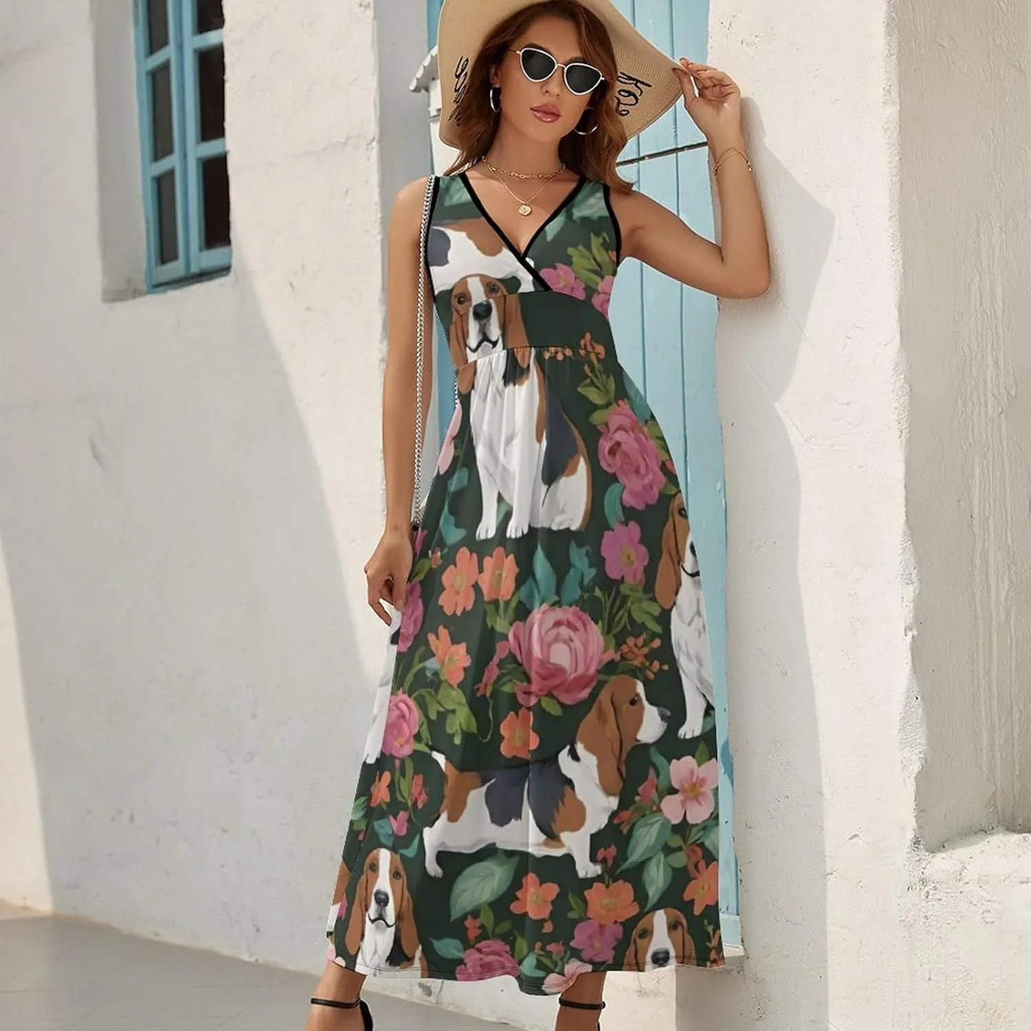 Women's V-Neck Sleeveless Midi Tank Dress for Vacation Party Wedding