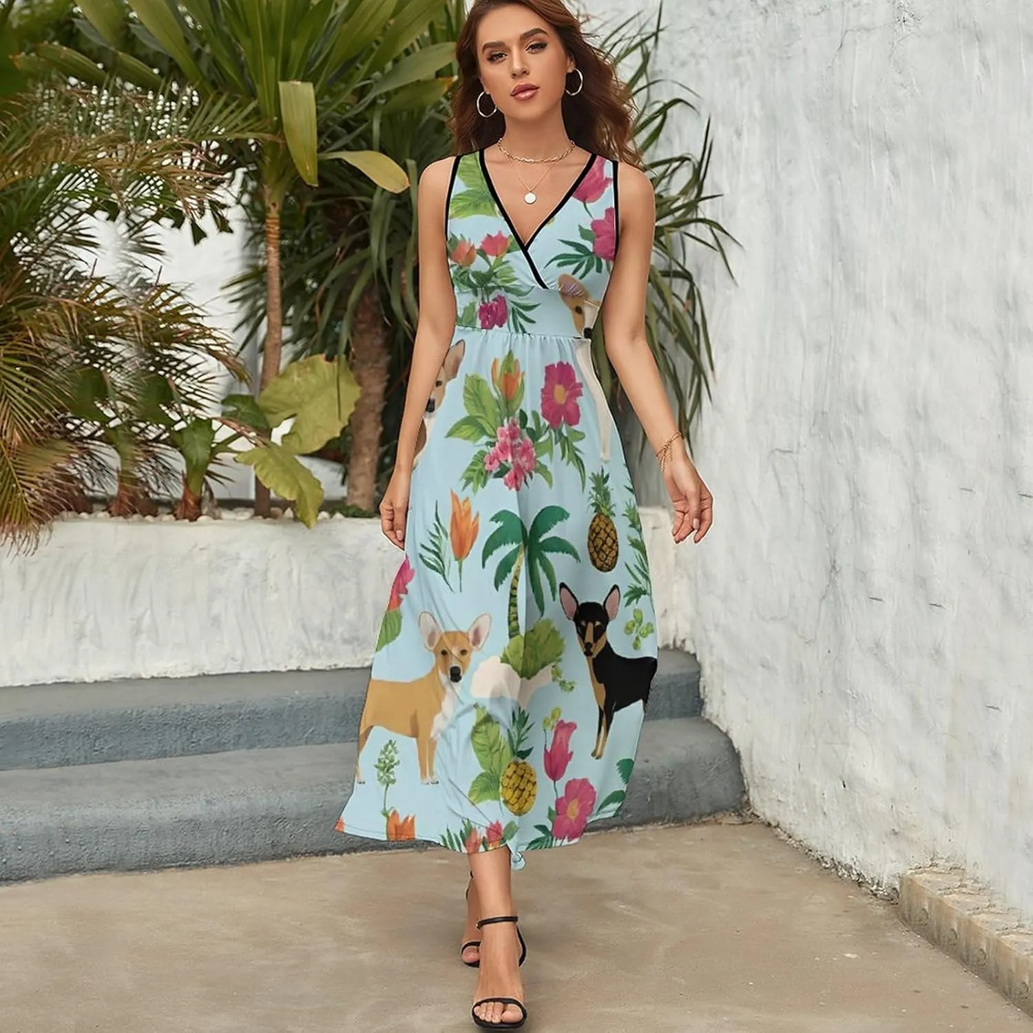 Women's V-Neck Sleeveless Midi Tank Dress for Vacation Party Wedding