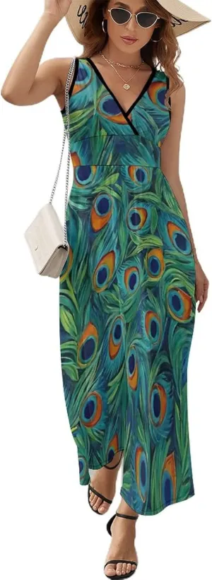 Women's V-Neck Sleeveless Swing Midi Sun Dress for Vacation Party Wedding