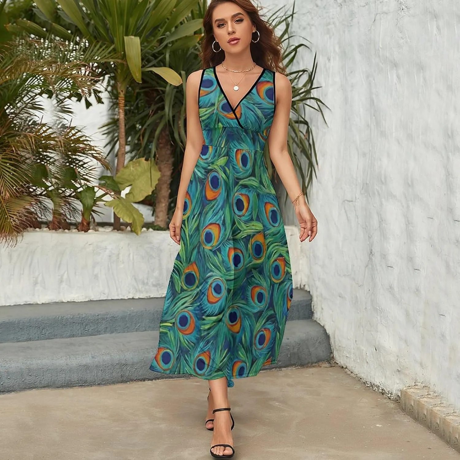 Women's V-Neck Sleeveless Swing Midi Sun Dress for Vacation Party Wedding